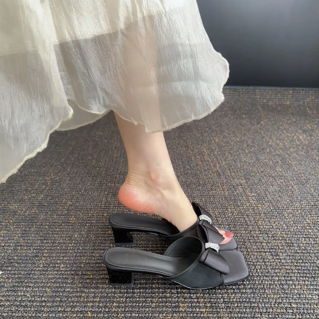 【ZHZG】蝴蝶结粗跟时装凉鞋法式水钻凉鞋气质仙女风半拖
