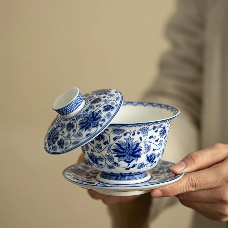 挚礼记青花盖碗三件套陶瓷茶具泡茶碗盖碗三件套家用功夫茶具