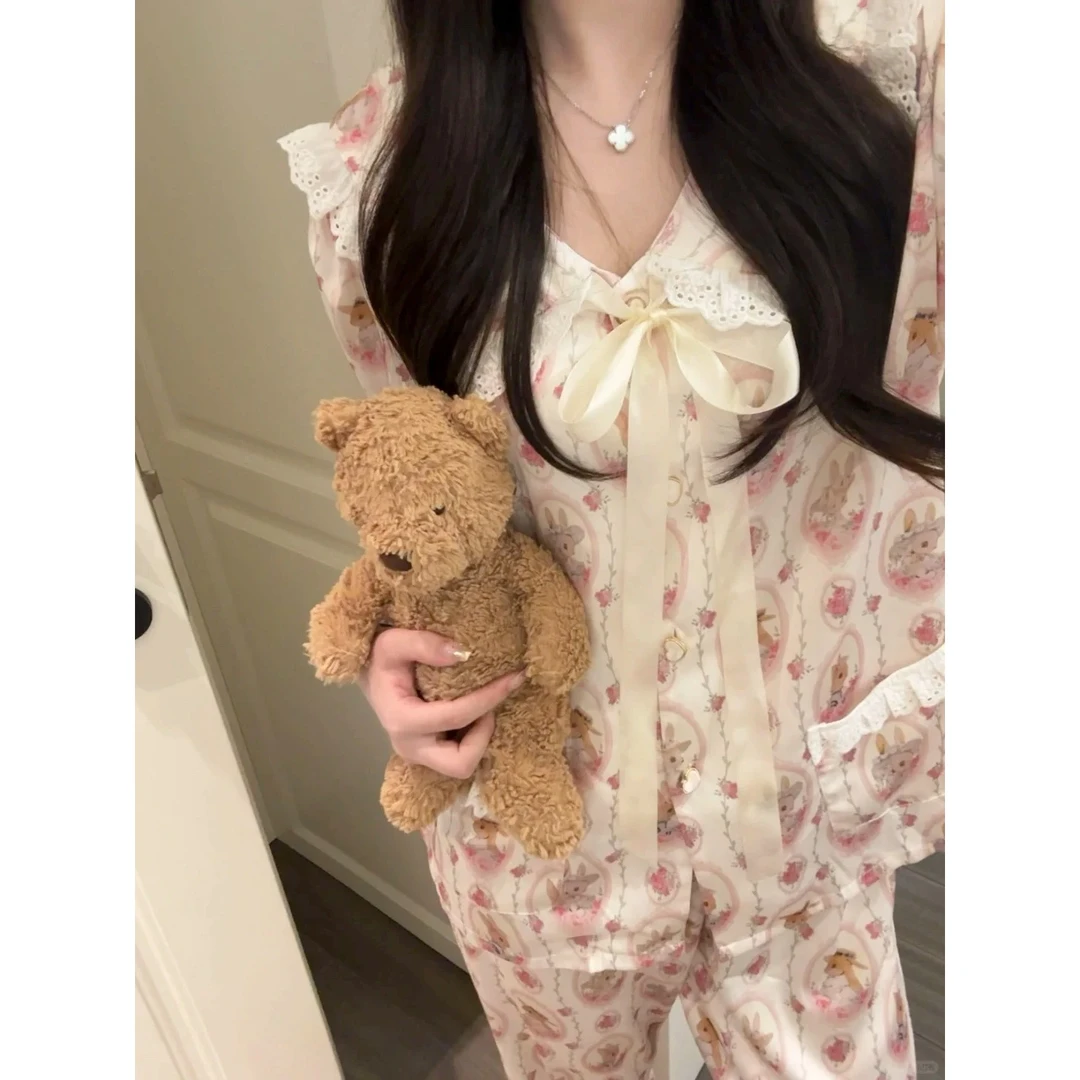 【兔兔公主】网红公主风冰丝睡衣女春秋2025新款长袖长裤套装家居服