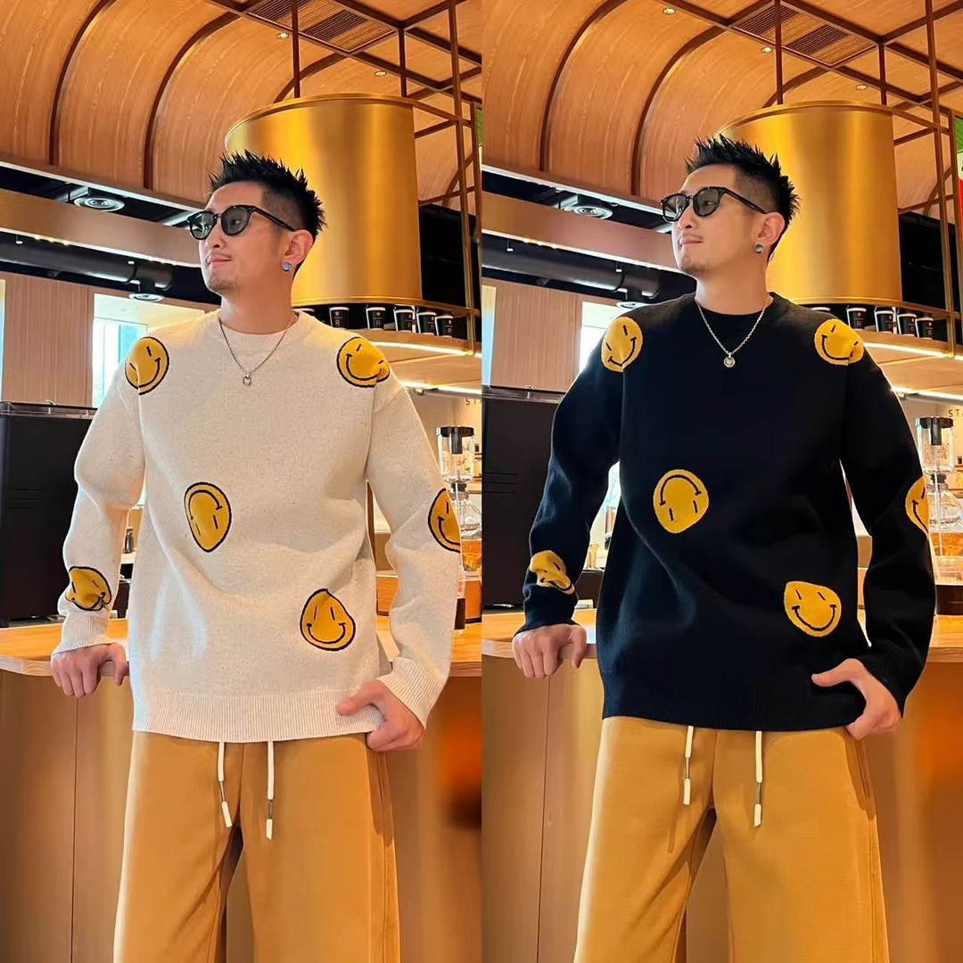 冬季新款百搭时尚个性简约小众设计感笑脸潮流男款圆领针织衫毛衣