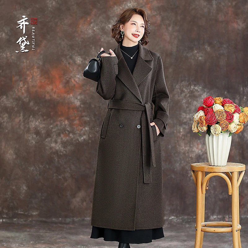 齐黛妈妈双面羊绒大衣女中长款2025新款秋冬时尚西装领毛呢外套