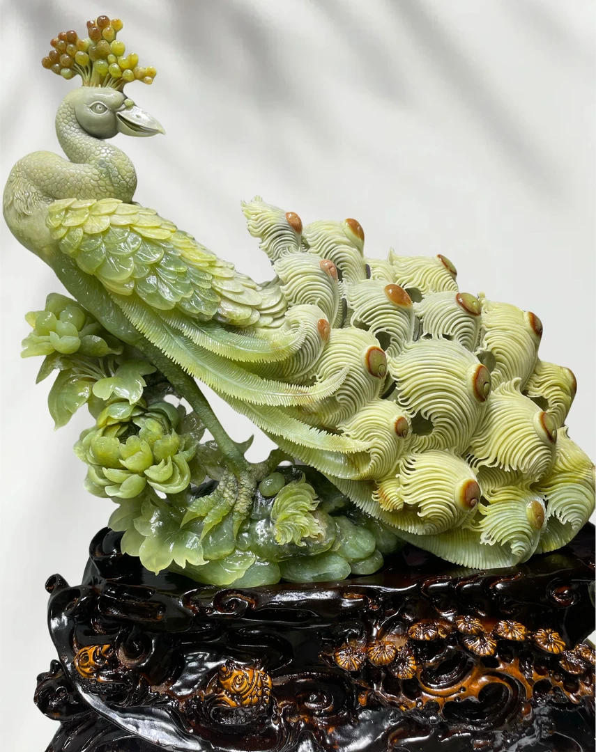 岫玉孔雀吉祥鸟风水摆件家居饰品雕刻工艺品开业送礼装修甲翠