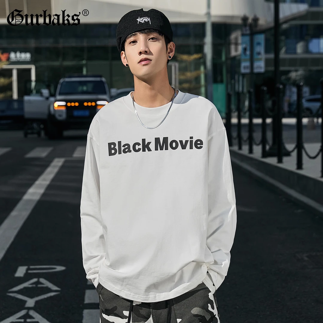 【古克】新款潮牌宽松休闲圆领白色长袖t恤男潮流美式秋冬T恤上衣