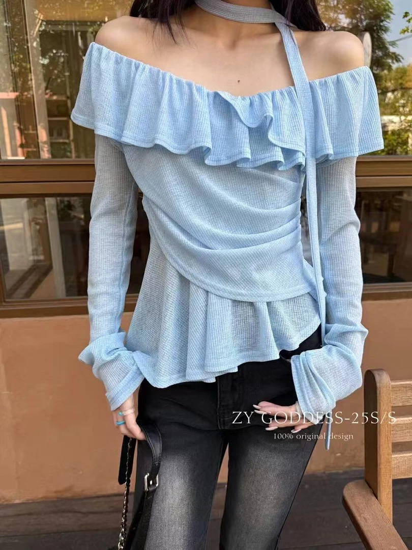 喜糖（6116#）荷叶边一字肩上衣