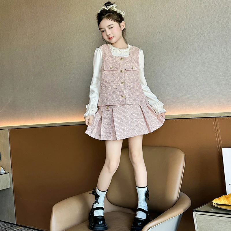 韩版童装25春季女童粉色马甲百褶半身短裙小香风套装新年装三件套