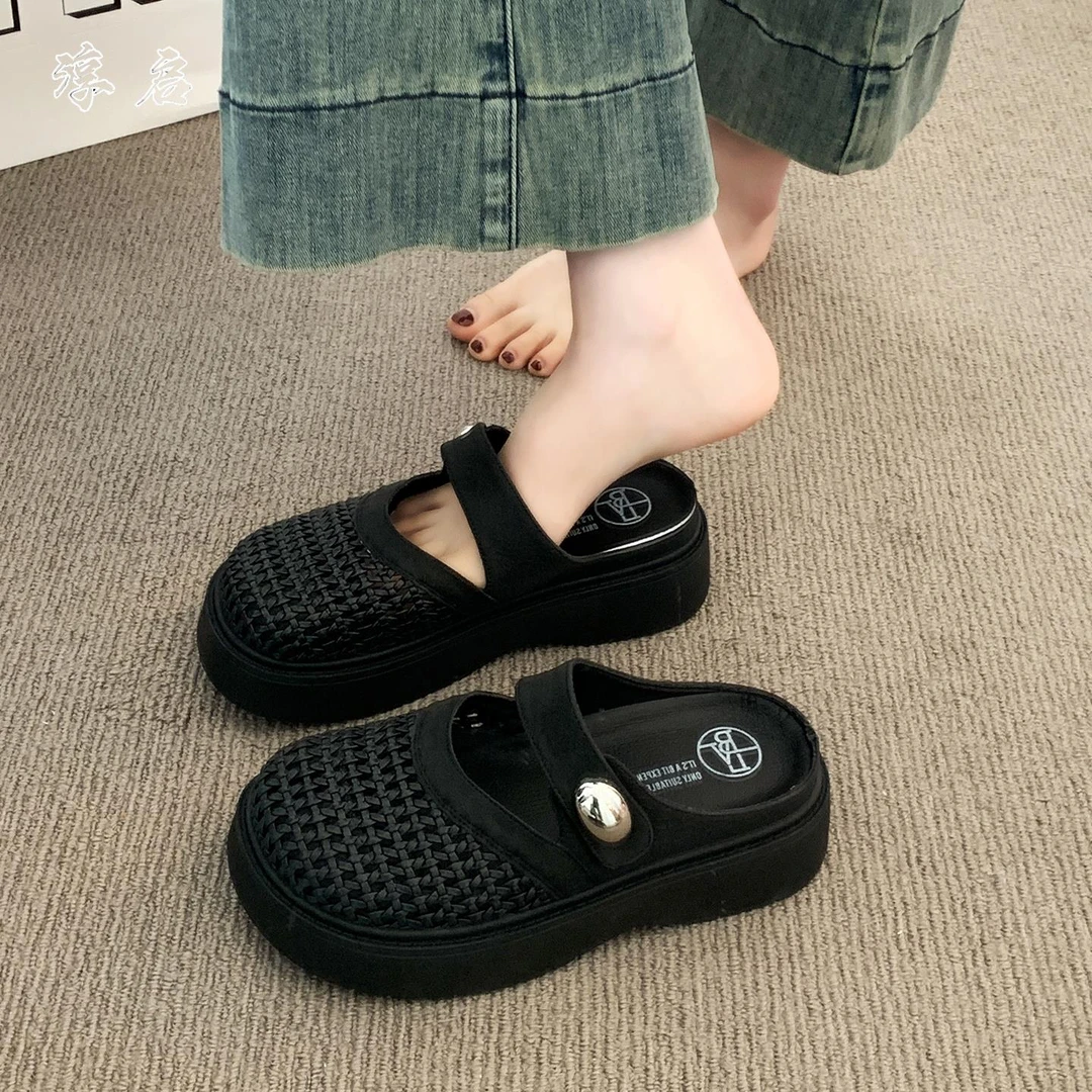 淳启厚底法式包头半拖鞋外穿鞋2025夏季新款透气舒适一脚蹬凉拖
