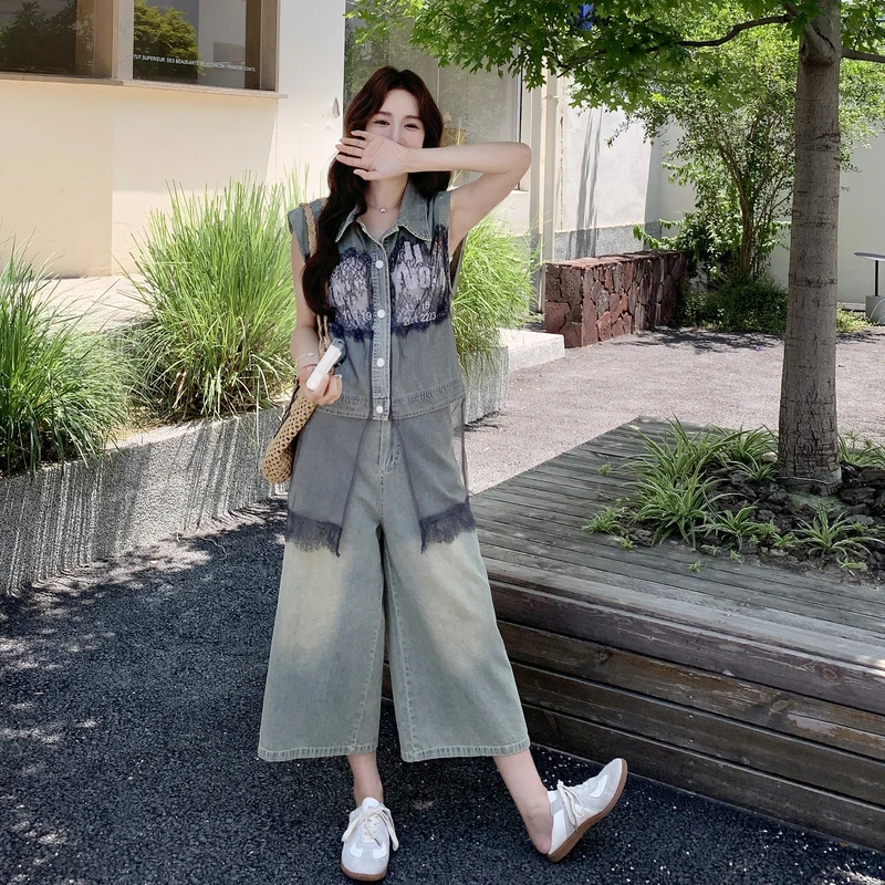 蕾丝网纱拼接牛仔阔腿裤套装女夏ootd流行巨好看小众不撞款两件套