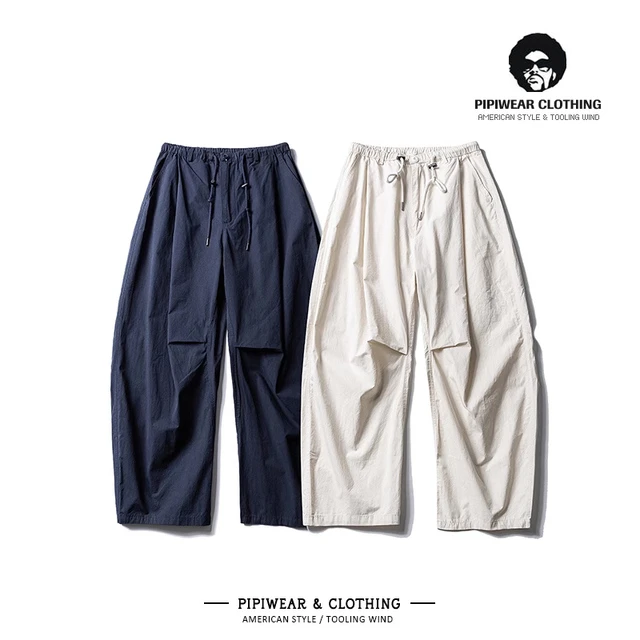 日式锦纶米白色男士慵懒松弛感裤子单褶休闲裤男裤阔腿裤宽松长裤