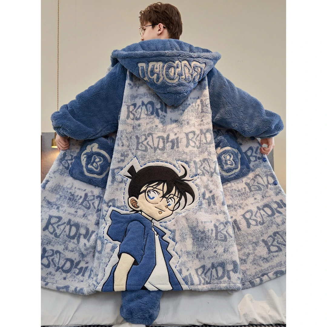 珊瑚绒男士睡衣冬季加绒加厚睡袍男款大码青少年初中学生大童套装