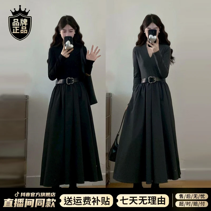 法式气质黑色长袖连衣裙子女装2025新款赫本风早秋季穿搭v领长裙