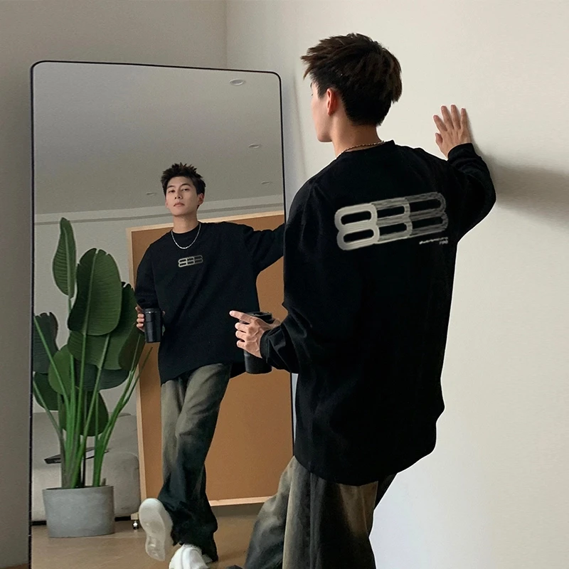 【重磅纯棉】秋冬新款圆领宽松美式复古高街韩版黑色潮流男长袖T恤