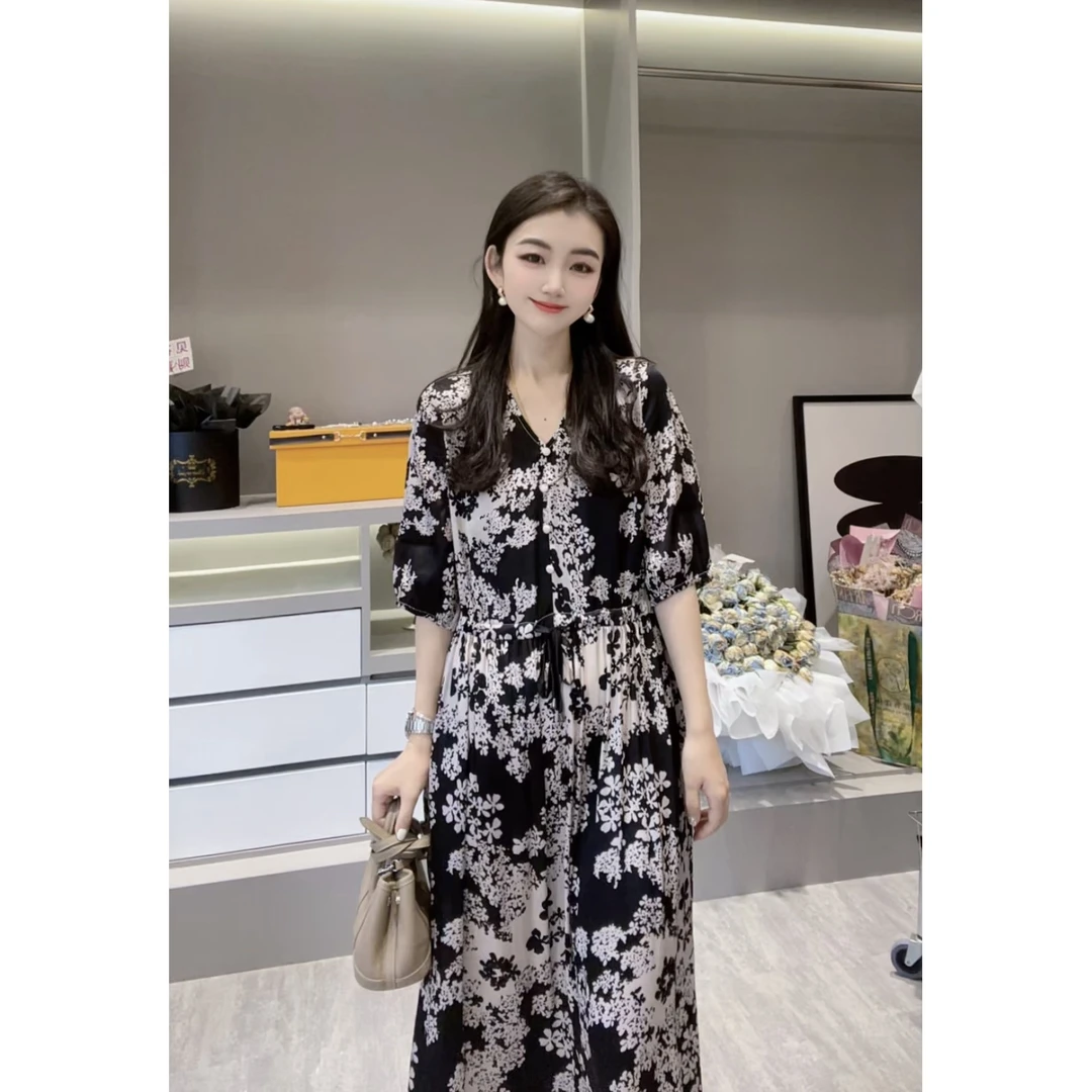 【拼色碎花】CHUN家气质轻奢时尚夏季设计师桑蚕丝弹力缎连衣裙