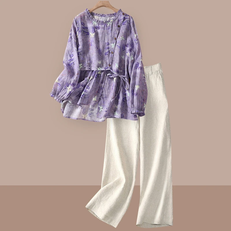 妈妈秋季装洋气时尚苎麻套装女复古文艺碎花衬衫亚麻阔腿裤两件套