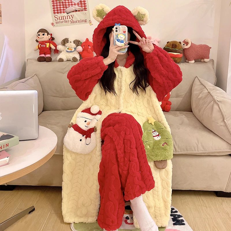 新年红色睡衣女冬季珊瑚绒加绒加厚睡袍长款保暖可外穿家居服套装