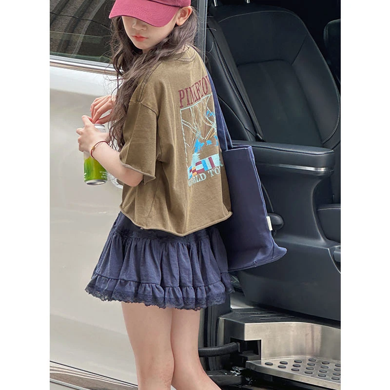 K28910复古做旧女童T恤短袖2025新款夏装儿童短款休闲上衣半袖潮t