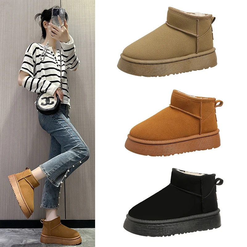 加绒雪地靴女外穿厚底2024秋冬季新款舒适保暖短靴雪地棉P6801