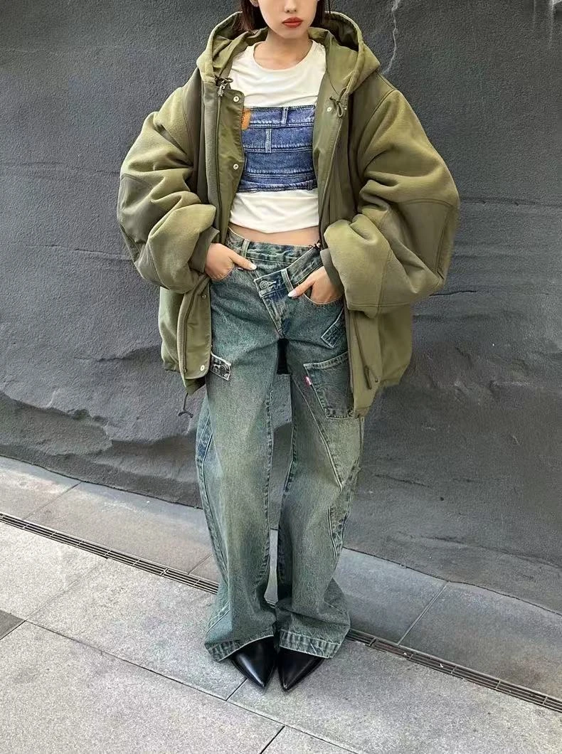 正方两穿 撞色拼接绿色加厚工装风外套女 宽松高级