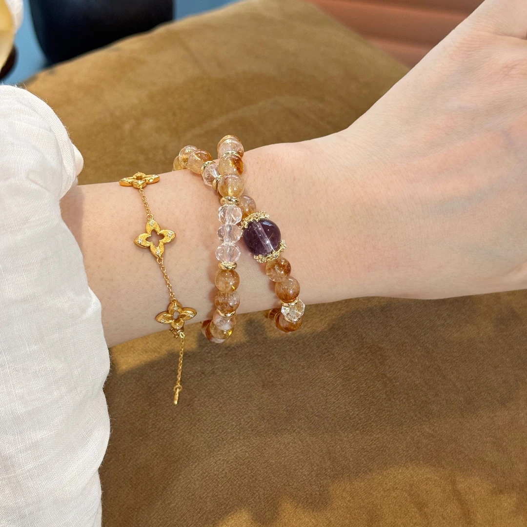 【钞有】原创天然7mm黄水晶手串招财礼物白紫水晶双圈手链女Y248
