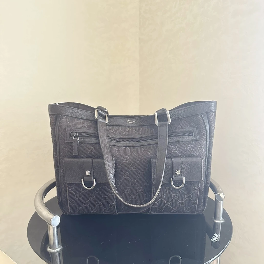 95新 GUCCI/古驰 老花帆布黑色公文手提包 zj 7129