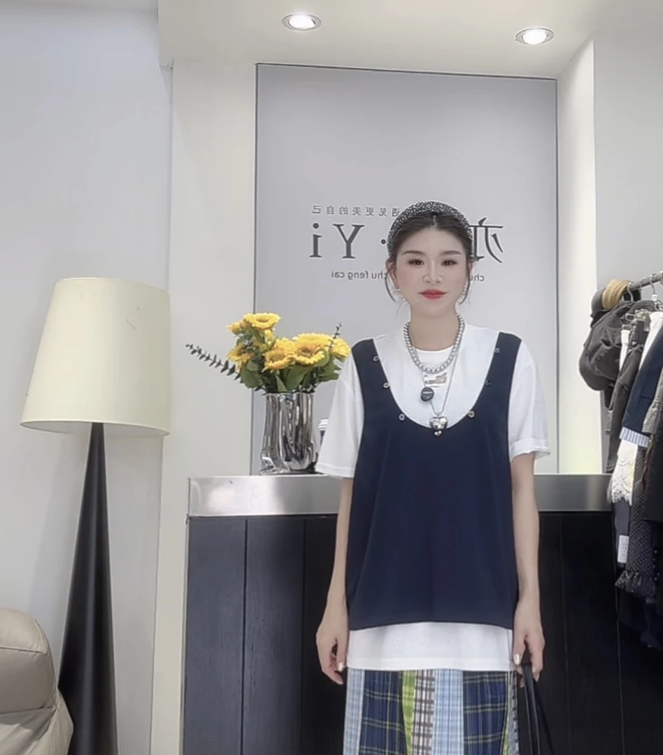 常规圆领少女风宽松时尚背心假两件T恤