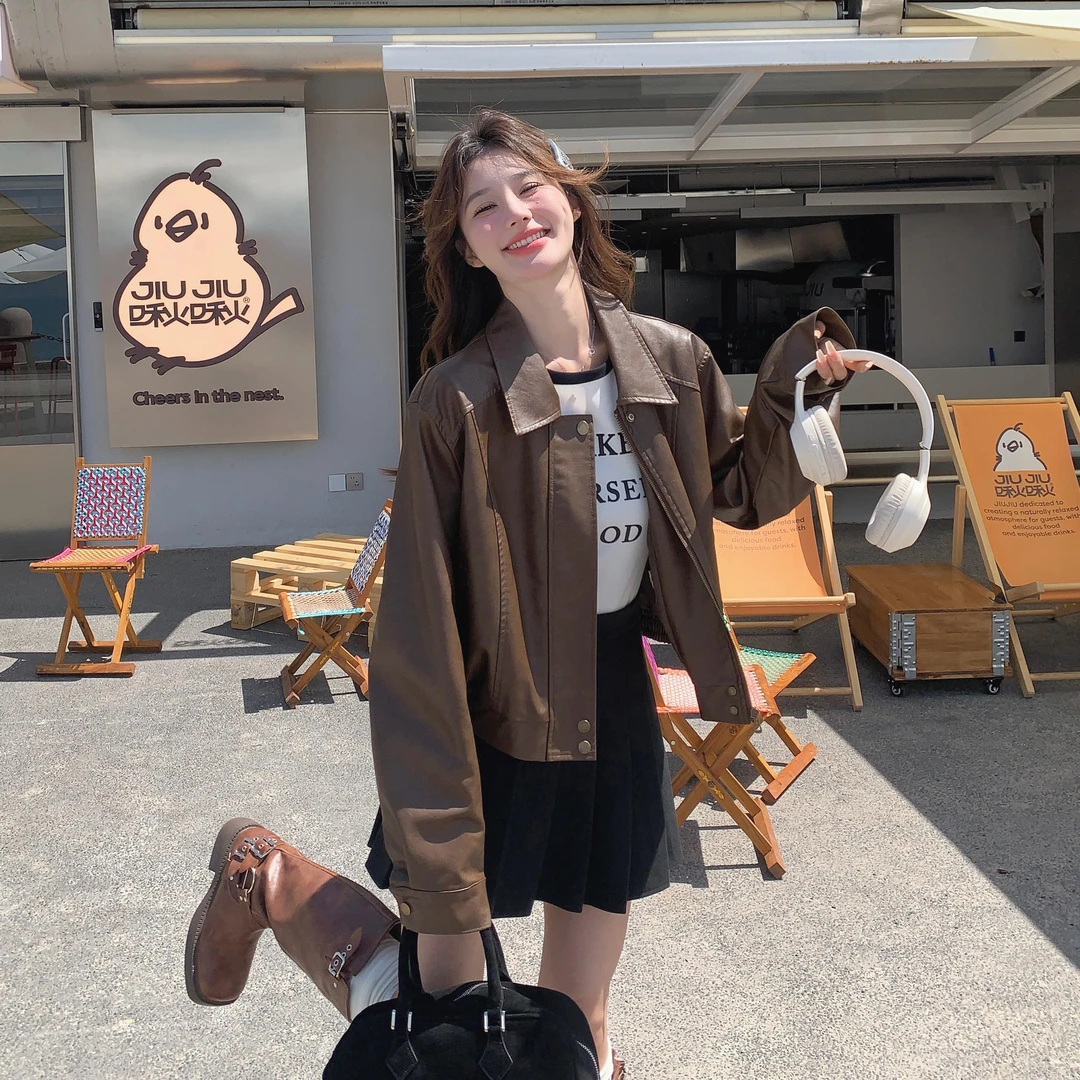 又a又飒深棕色皮衣外套女春秋2025新款港风复古炸街小个子机