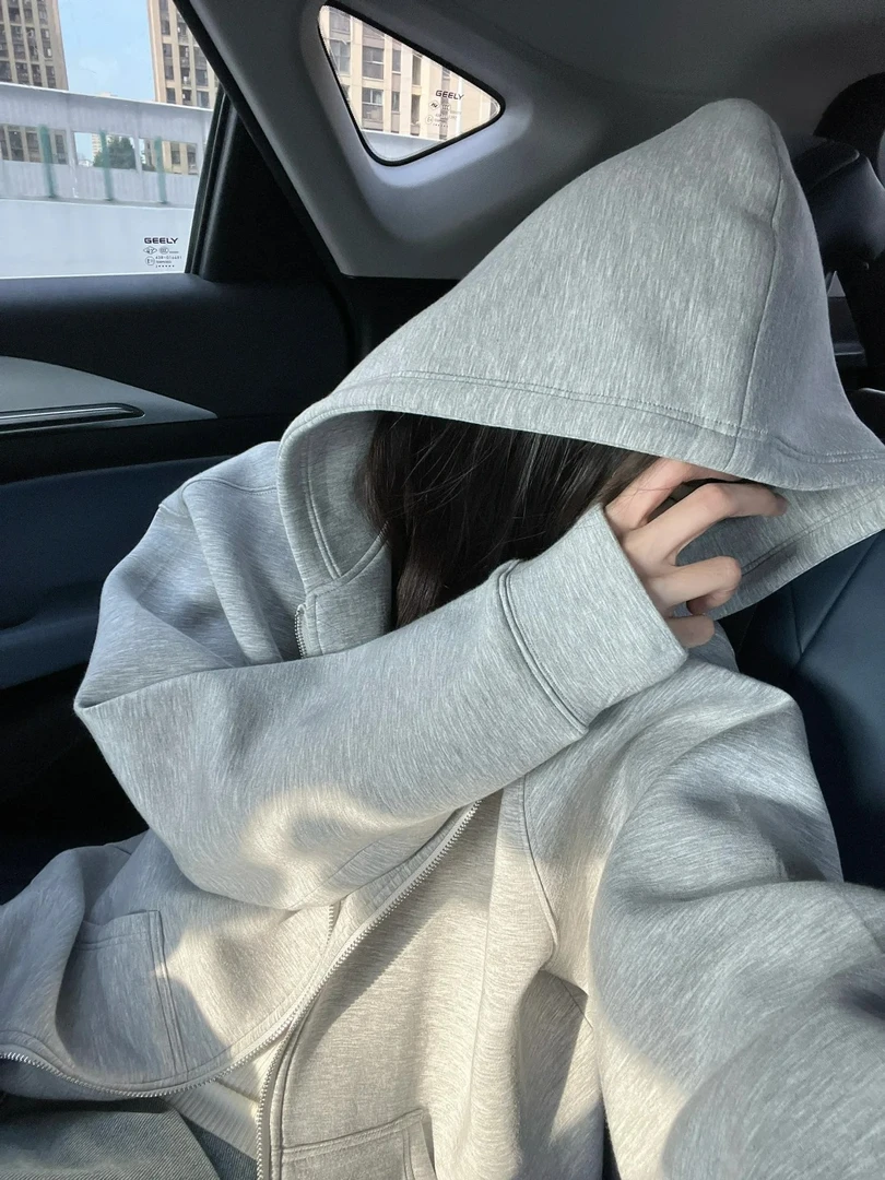 59    开衫宽松型常规款连帽纯色卫衣休闲港风长袖百搭薄款