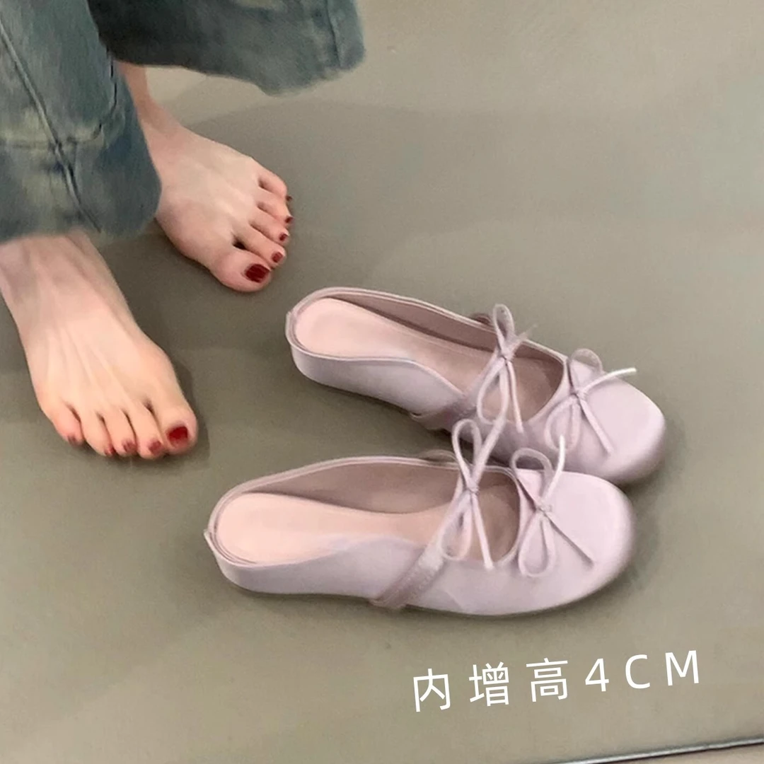 内增高厚底包头半拖鞋女2025新款夏季一脚蹬缎面单鞋凉拖鞋