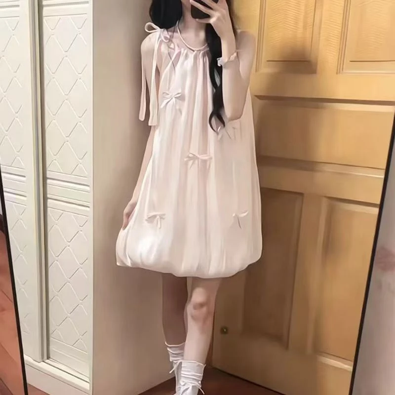 甜美温柔可爱粉色蝴蝶结花苞连衣裙女学生夏季新款宽松显瘦短裙子