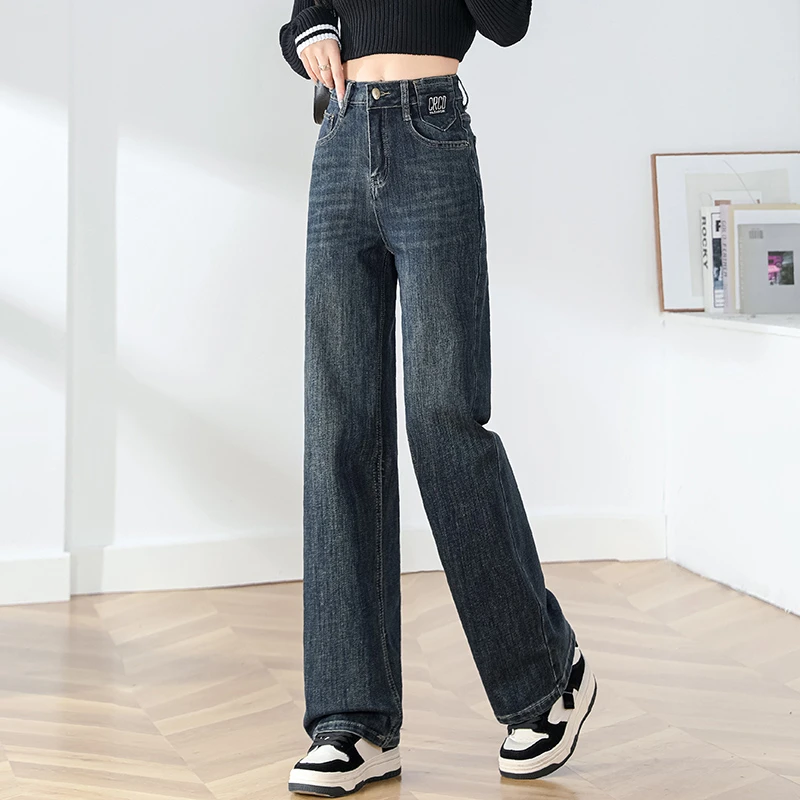高腰阔腿裤新款牛仔裤显瘦2025春秋宽松直筒时尚气质复古深蓝女裤