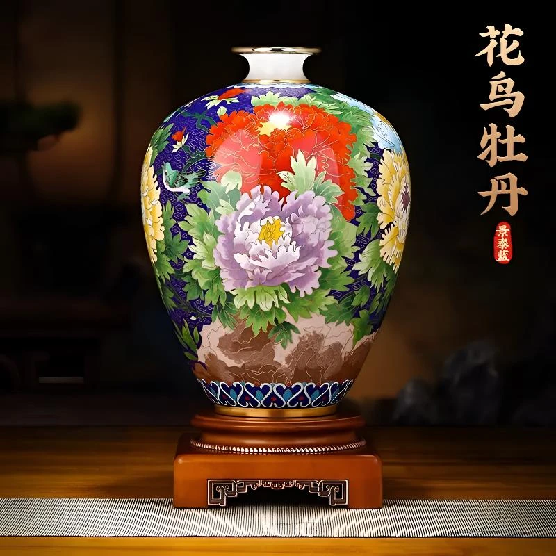 景泰蓝花瓶非遗手工铜胎掐丝珐琅花鸟牡丹瓶高端家居客厅玄关摆件