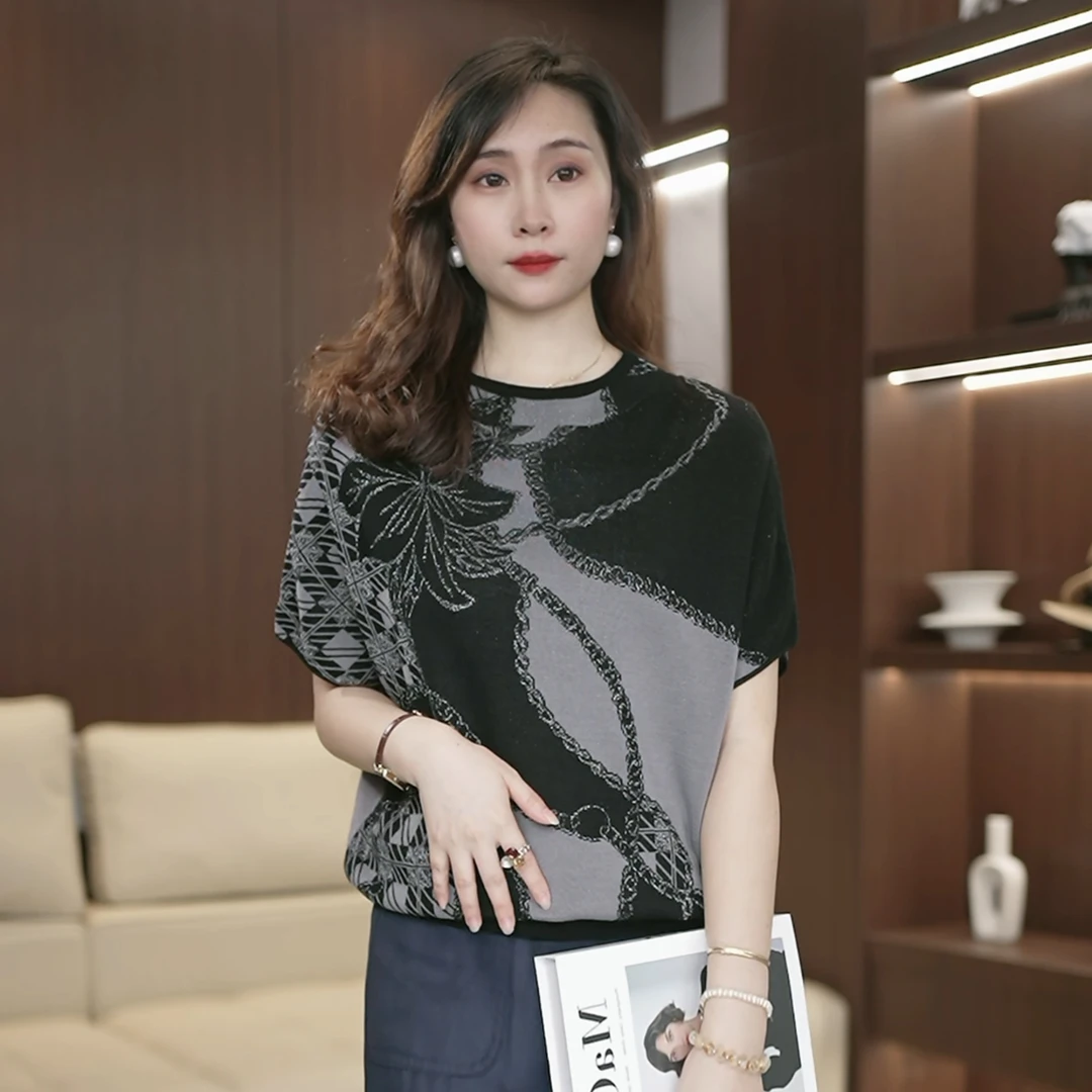 罗曼罗兰气质短袖拼色薄针织衫女2025夏季宽松洋气妈妈装上衣3232
