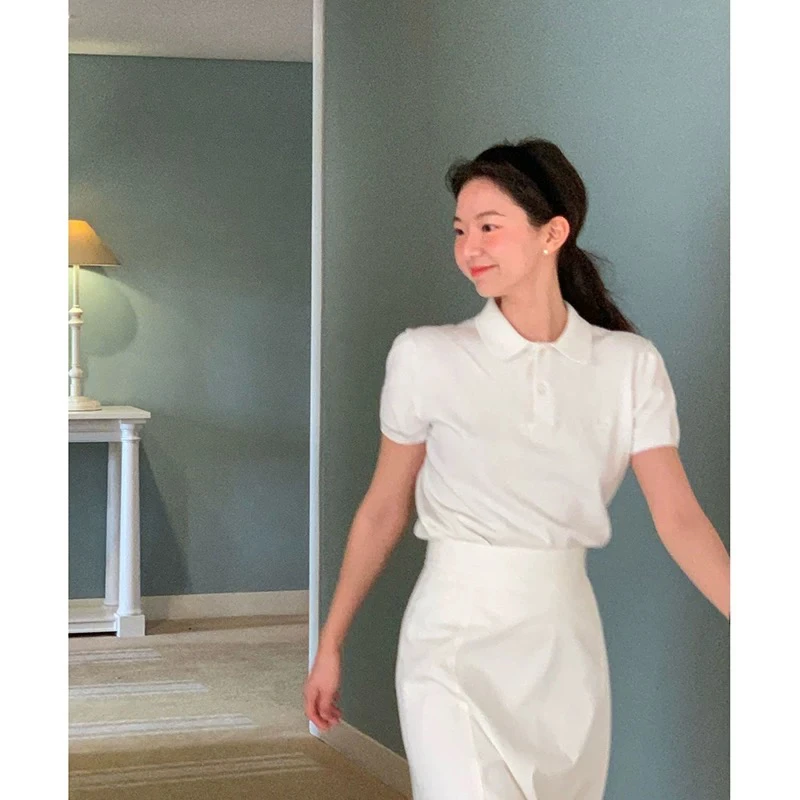 现 Polo翻领针织衫T恤女2025夏新韩风格字母刺绣短袖#