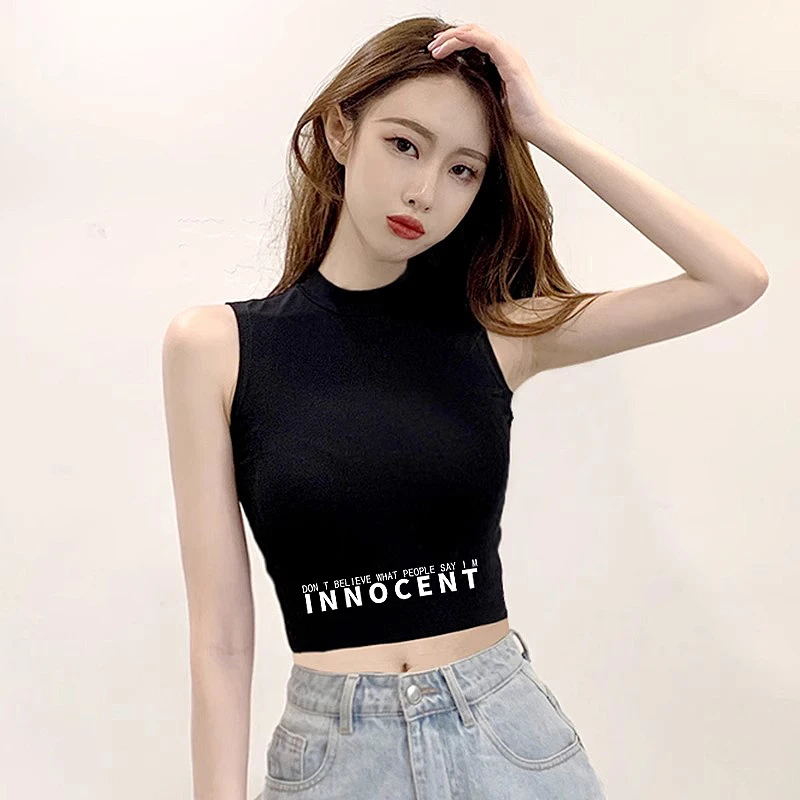 半高领吊带背心女春夏内搭印花无袖T恤露脐短款外穿显瘦打底上衣