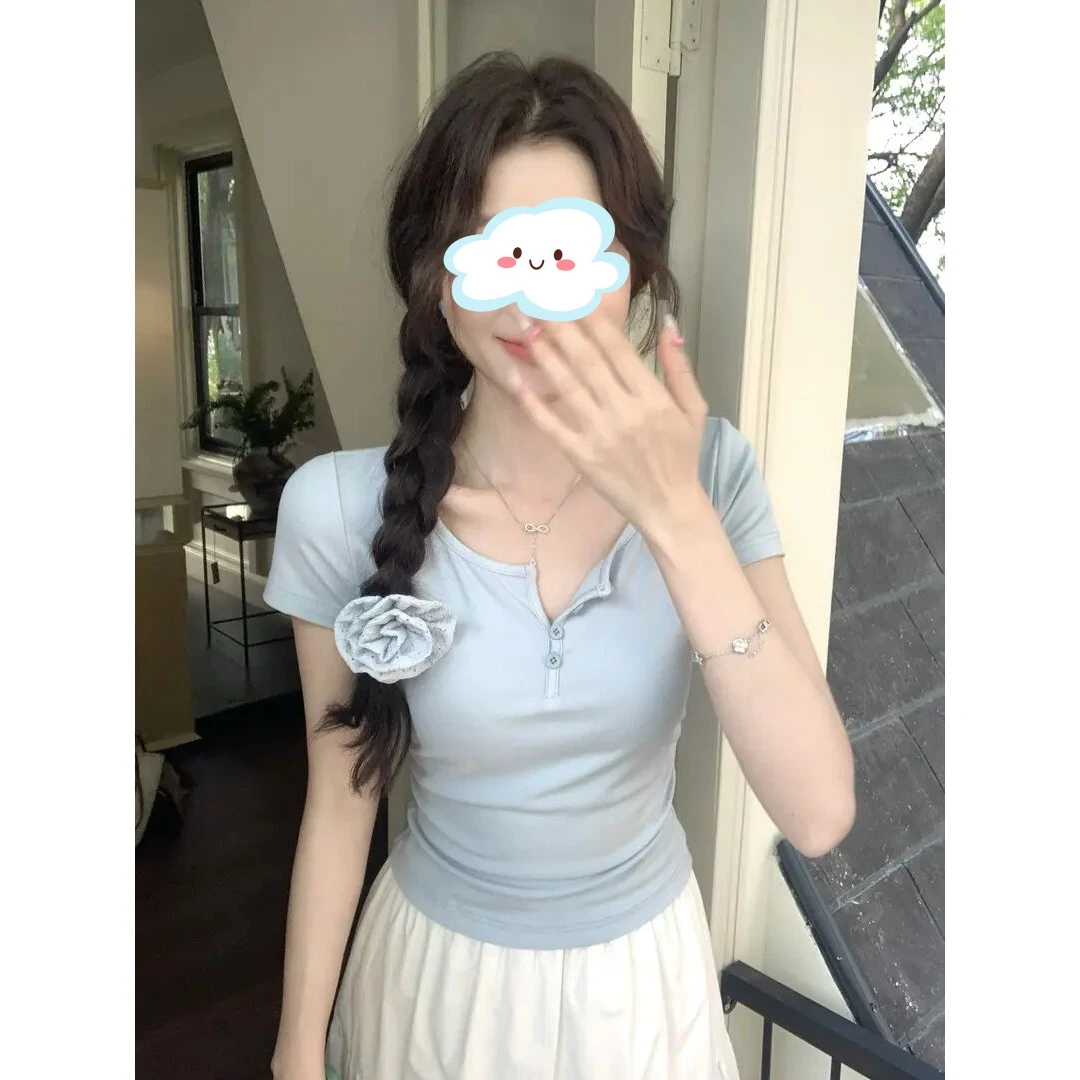 韩系纯欲钓系姐姐显瘦上衣夏季新款气质多色短袖上衣女