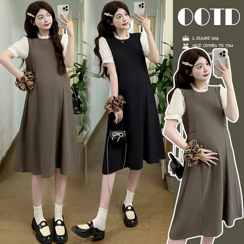 孕妇2025夏装新款时尚显瘦气质宽松韩版遮肚假两件孕妇连衣裙