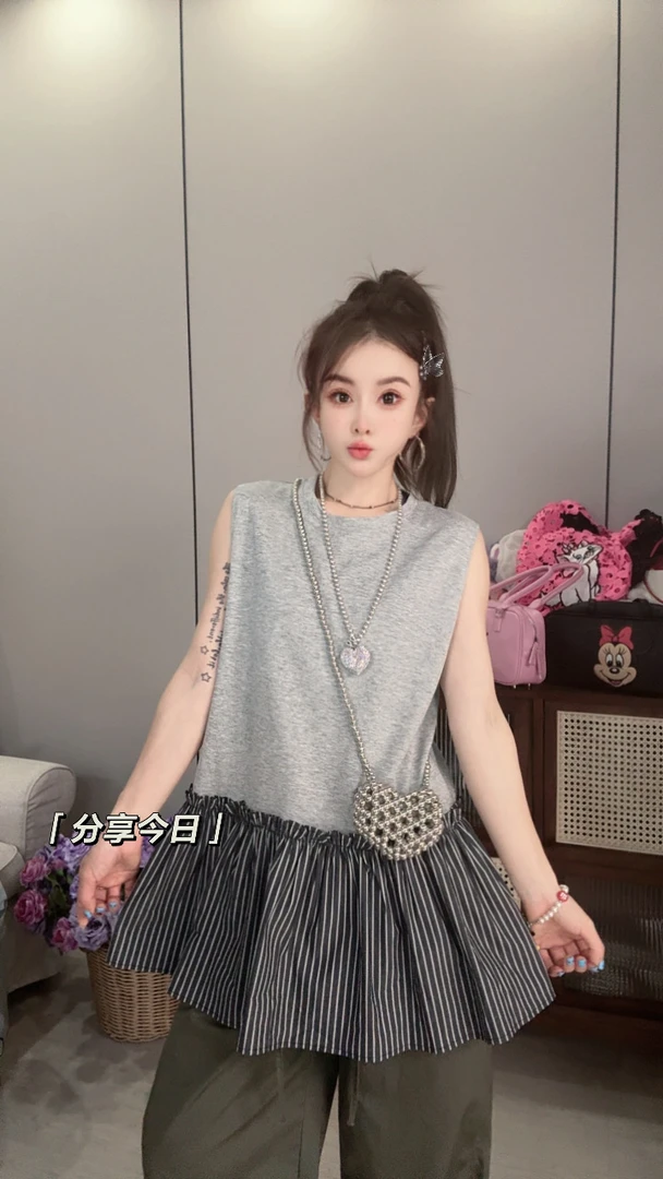 【王小小9642】无袖背心女上衣潮宽松连衣裙时尚百搭显瘦圆领