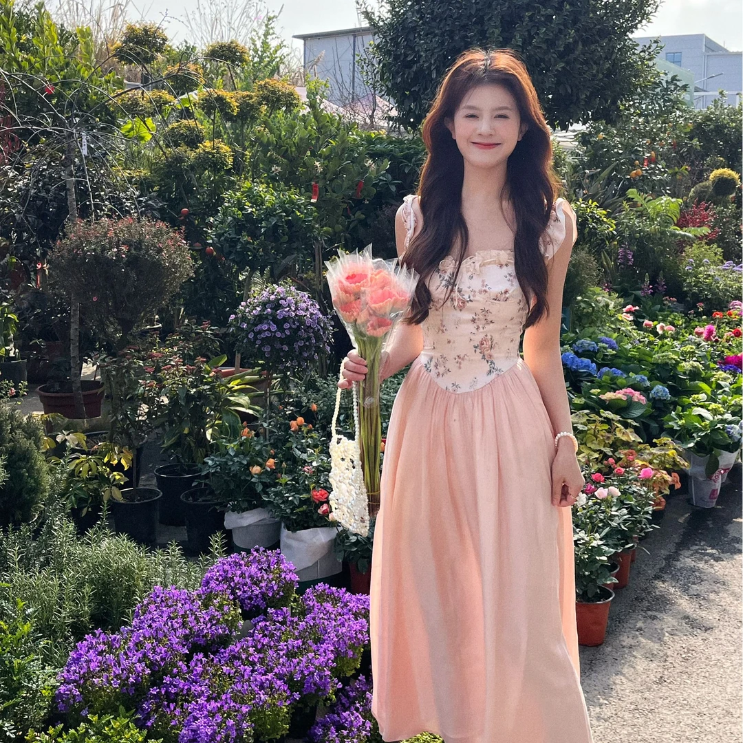 【仲夏奢梦】复古法式连衣裙温柔气质印花蕾丝飞飞袖显瘦浪漫度假