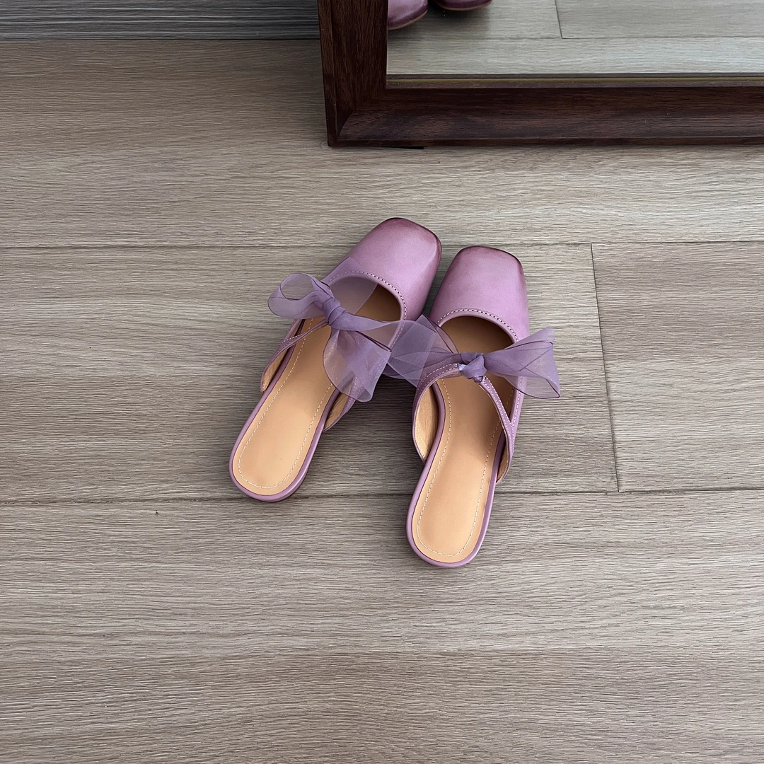 南十二巷·头层牛皮法式轻奢蝴蝶结复古外穿拖鞋擦色包头低跟凉鞋