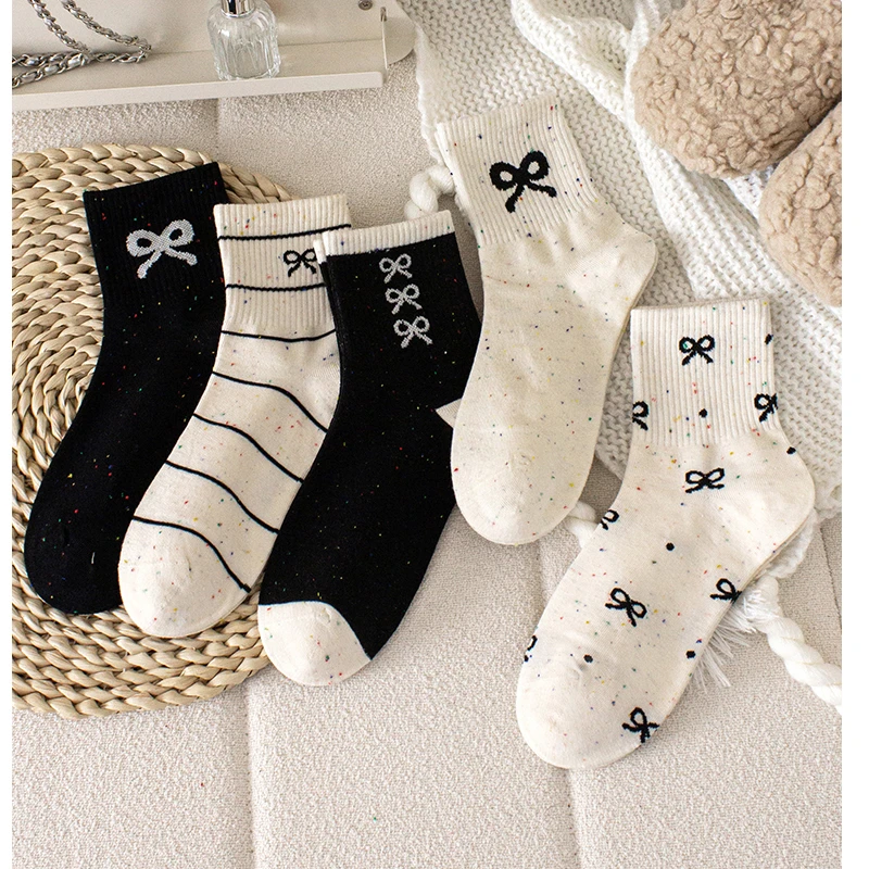春季新款袜子女中筒袜可爱百搭学院风点纱蝴蝶结学生棉袜