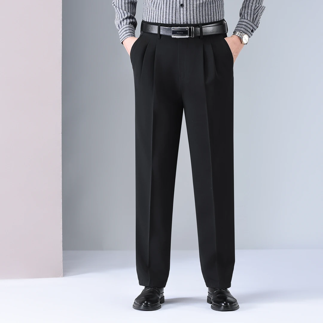 中老年男装宽松高腰裤免烫双褶长裤子老年人爸爸装男裤深档男西裤