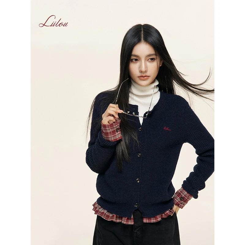 【梦一专属】Liilou 洋裁格纹 木耳边格纹拼接假两件针织开衫