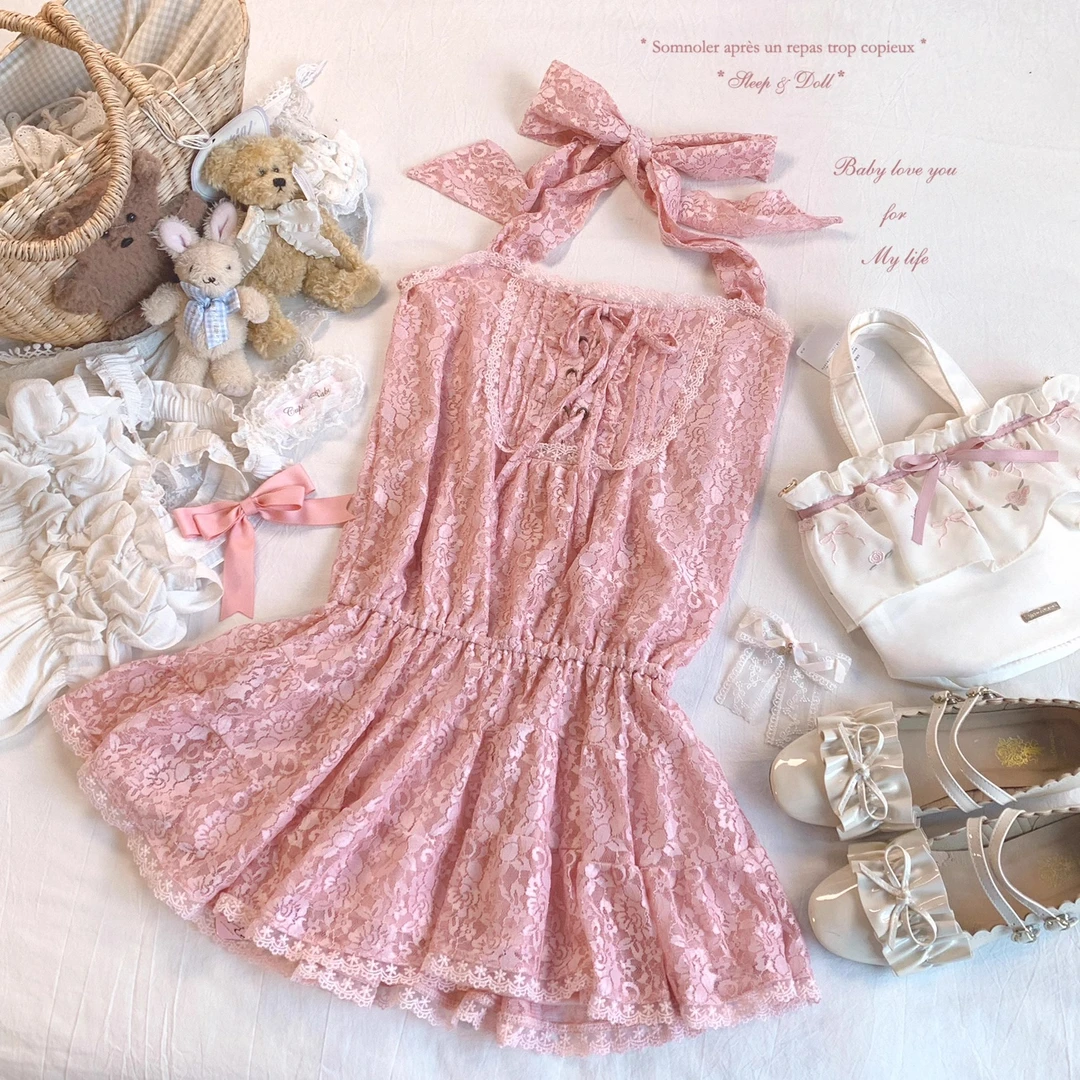 sleepingdoll自制* 蕾丝梦 古早感纯欲风复古绑带挂脖收腰连衣裙