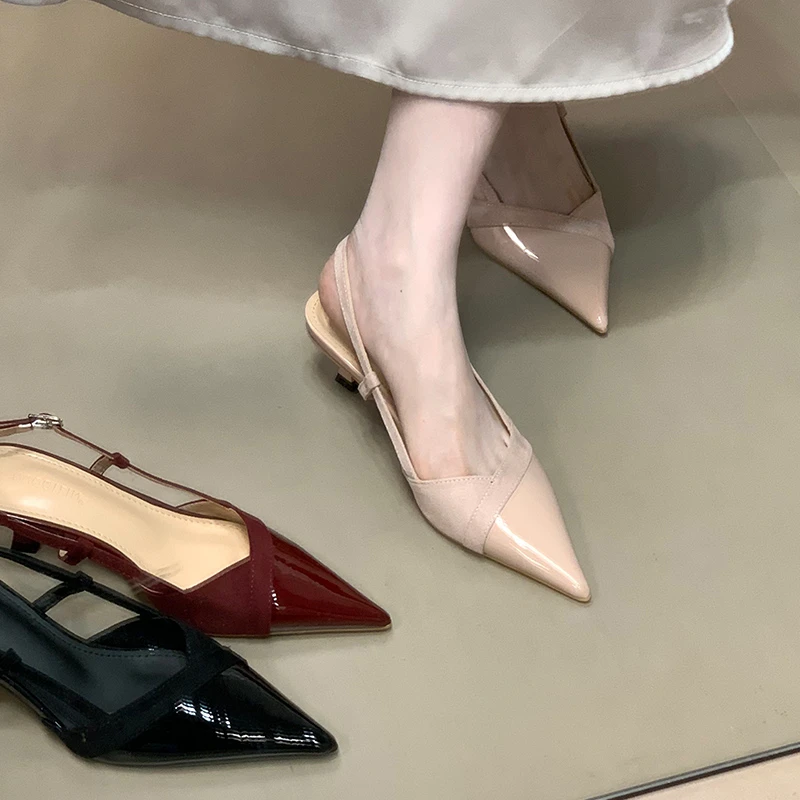 法式尖头气质绒面拼接包头凉鞋酒杯跟夏季新款后绊带女鞋通勤