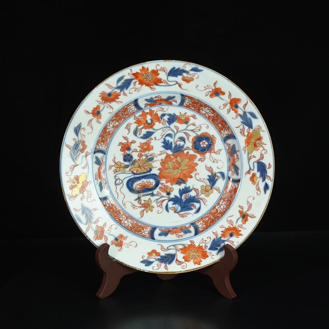 LABC250218004【十竹斋】清青花矾红描金花卉纹赏盘