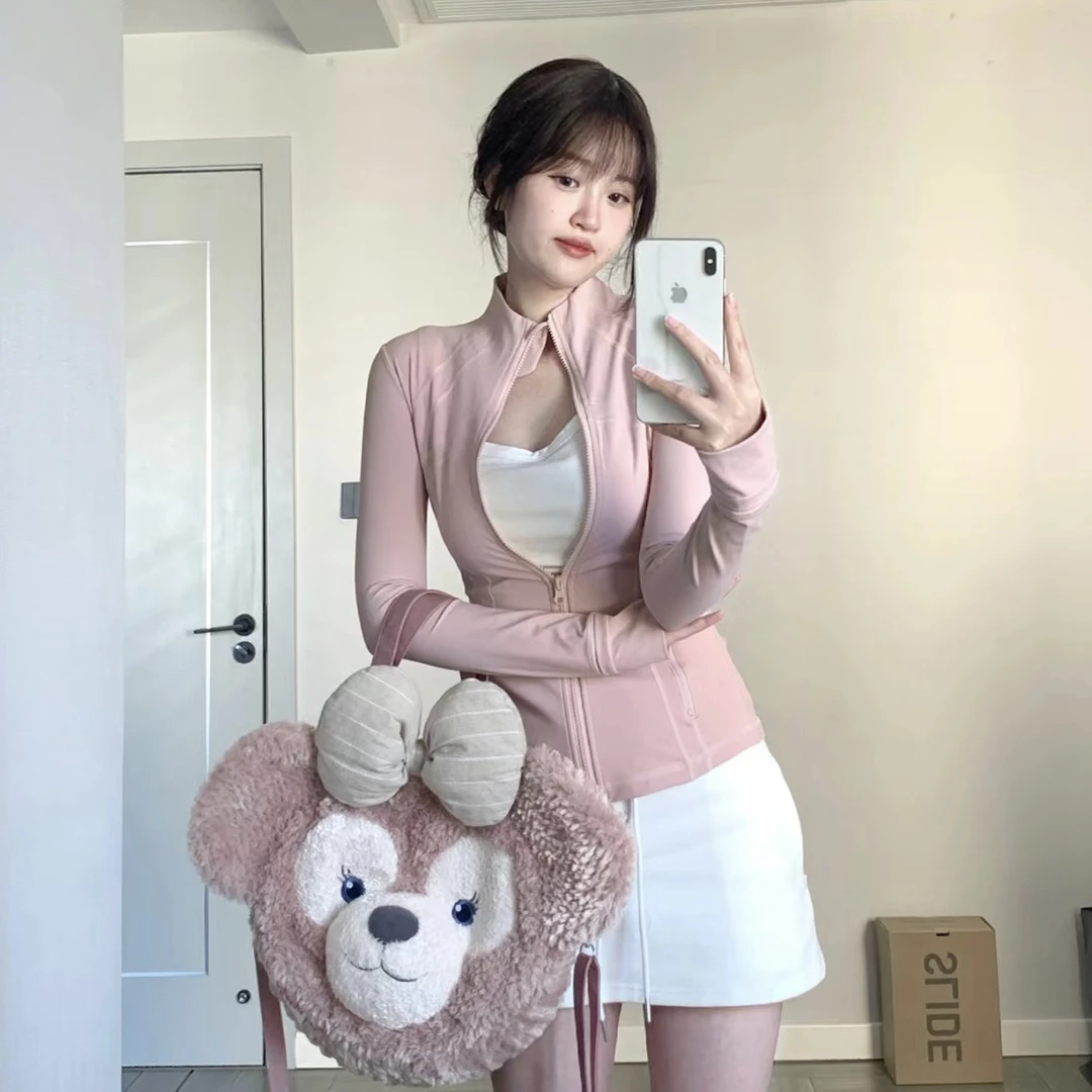 樱花粉长款全拉链长袖瑜伽夹克 2926