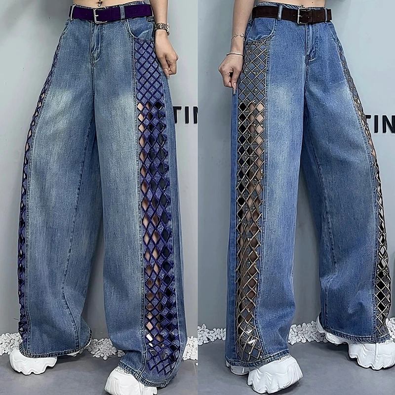 夏季新款菱形格时尚烫钻镂空刺绣牛仔裤宽松直筒设计感弯刀裤-806