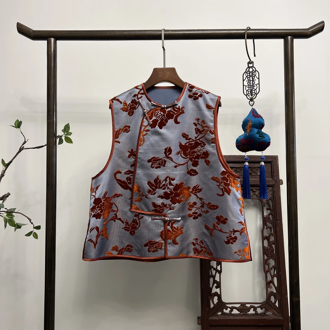 【缠枝黛】非遗漳绒缎桑蚕丝马夹M40174