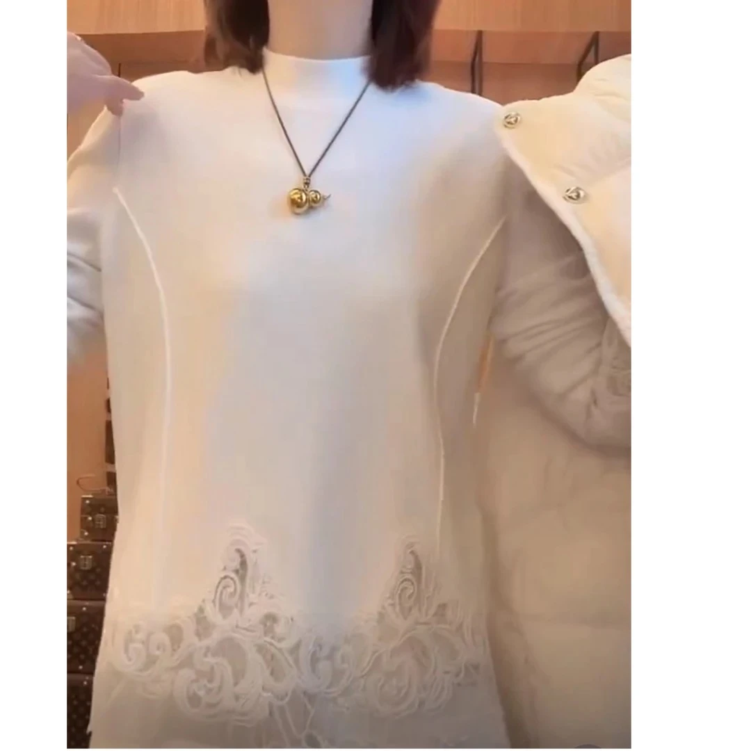 蕾丝拼接白色德绒打底衫女秋冬内搭2025年新款半高领t恤长袖上衣