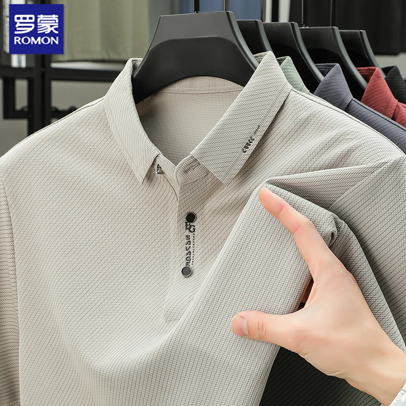 罗蒙夏季新款男士翻领短袖T恤衫时尚休闲百搭宽罗蒙纯色长袖t恤