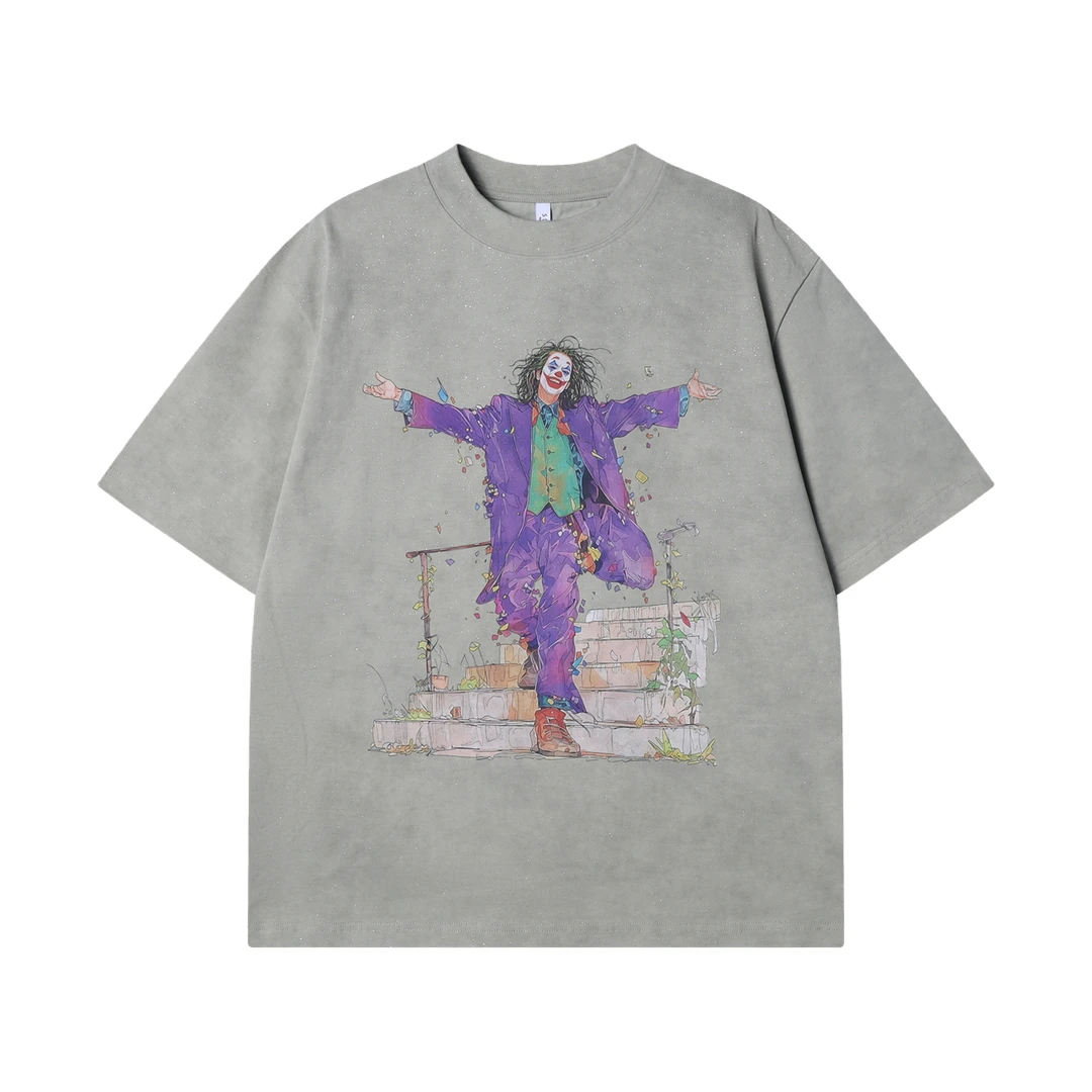 夏季高级感新潮牌满天星小丑印花圆领短袖T恤百搭情侣宽松上衣